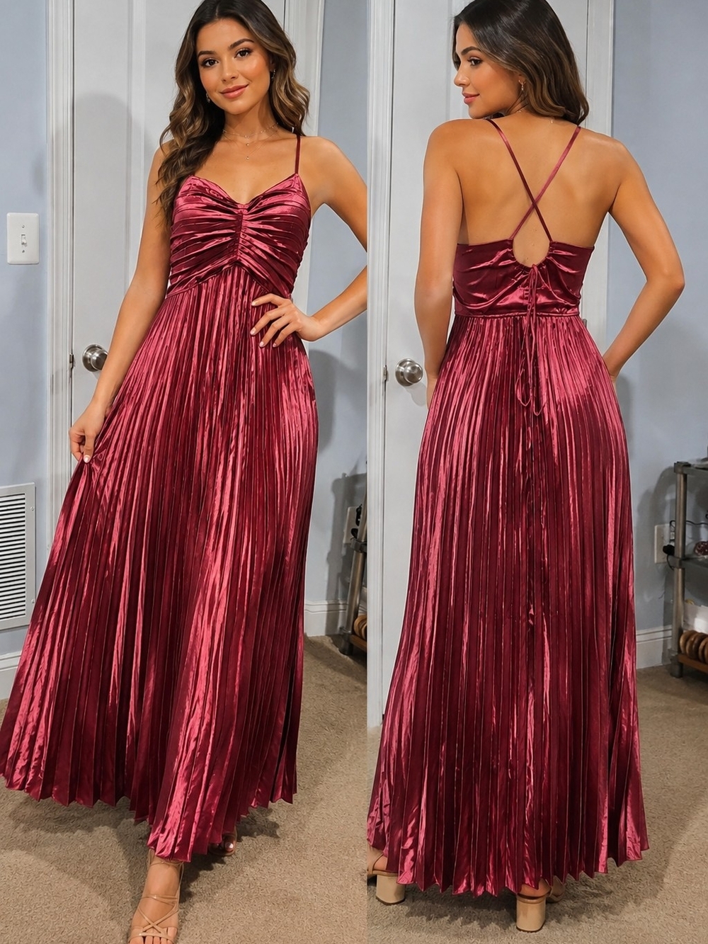 ambition Wine Red Pleated Satin Maxi Dress with Crisscross Back